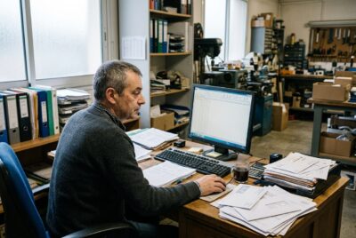 Un dirigeant de TPE seul dans son bureau, regardant un tableau de trésorerie sur son ordinateur avec des factures impayées