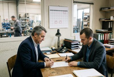 Un dirigeant de PME et son repreneur signant un contrat de cession devant un calendrier mural où les dates du 27 juillet et