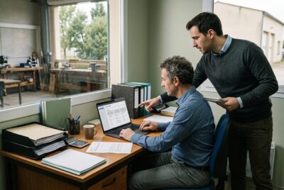 Un dirigeant de TPE consulte sur son ordinateur la plateforme de cas d'usage IA aux côtés d'un consultant, dans un petit